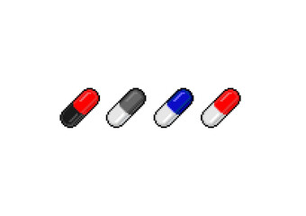 Row of four colorful pixel art medicine capsules isolated on a white background, representing retro digital health icons or pharmacy items.
