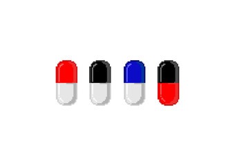 Row of four pixel art medicine capsules in red, blue, and black colors isolated on white, resembling retro video game health items.