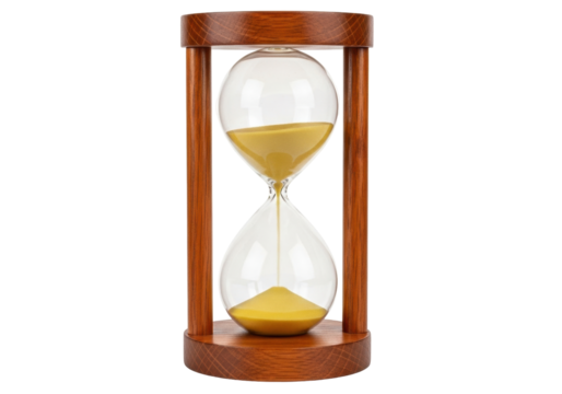 Isolated hourglass with gold sand symbolizing time running out for deadlines or other urgent matters