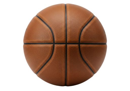 Isolated brown textured basketball with black seams, round leather ball for team sport