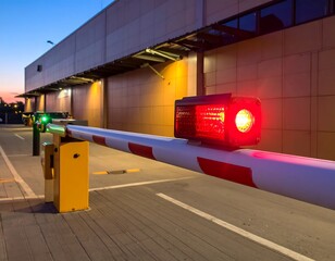 Automated gate with red light, at twilight, securing industrial building access with road marking stripe and lit entry points