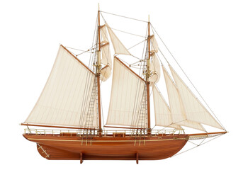 Isolated sailing ship, a miniature replica of a historic vessel with delicate sails and rigging