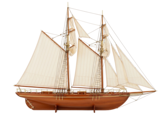 Isolated sailing ship, a miniature replica of a historic vessel with delicate sails and rigging