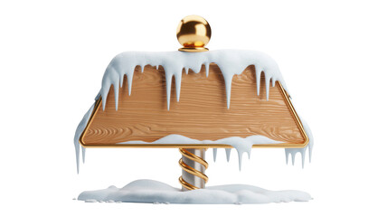 A festive golden bell adorned with dripping white icicles and snow isolated on transparent background