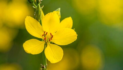 A vibrant yellow flower blooms with five petals against a blurred, green and yellow bokeh background