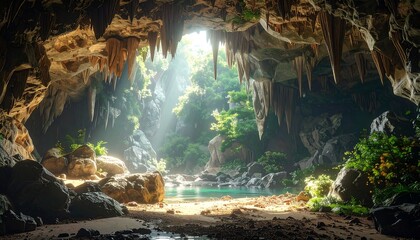 Cave opening to lush vegetation with stalactites, water, and rocks in bright natural lighting