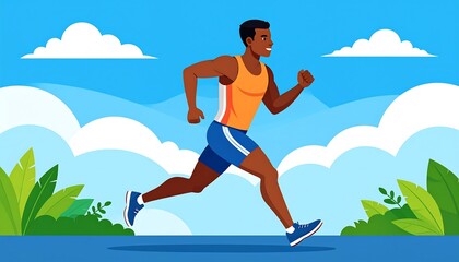 Animated man jogging outdoors on a sunny day with puffy clouds and green plants in the background