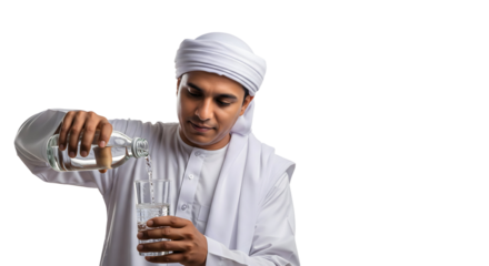 An individual dressed in traditional attire pouring water from a glass bottle into a glass, isolated on transparent background