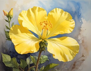 A vibrant yellow hibiscus flower, rendered in watercolor with blue skies