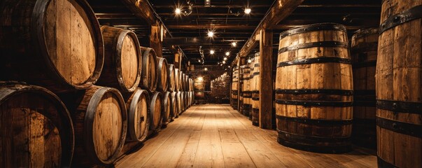 A dimly lit storage area filled with wooden barrels, showcasing a rustic atmosphere and vintage charm.