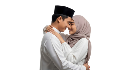 A tender moment of embrace between a couple. They are dressed in traditional clothing, a symbol of love and cultural unity, isolated on transparent background