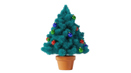 A small teal christmas tree decorated with colorful baubles and lights in a terracotta pot isolated on transparent background