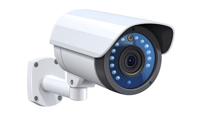 CCTV camera, angled view.  White, grey, blue, black.  Wall mounted.  Security concept.  Digital rendering, realistic style