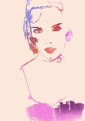 Fashion illustration beautiful woman abstract portrait watercolour paint