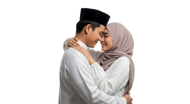 A tender moment of embrace between a couple. They are dressed in traditional clothing, a symbol of love and cultural unity, isolated on transparent background