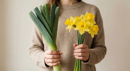 Person holding a bunch of fresh green leeks and a bouquet of vibrant yellow daffodils indoors