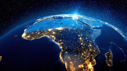 Obraz premium A stunning view of Earth from space, showcasing Africa illuminated by city lights against a backdrop of stars.