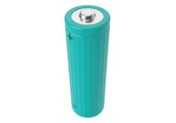 Isolated Teal Alkaline Battery, Metallic Top, Plus and Minus Symbols, Modern Device, Energy Source