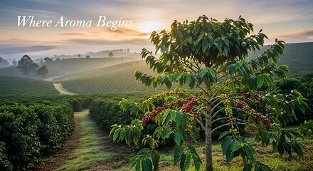 Coffee plantation at sunrise with ripening cherries on the tree.
