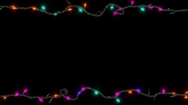 Horizontal abstract Christmas fairy lights garland led neon multicolor frame border copyspace loop animation Xmas New Year greeting postcard banner template illumination festive decoration celebration