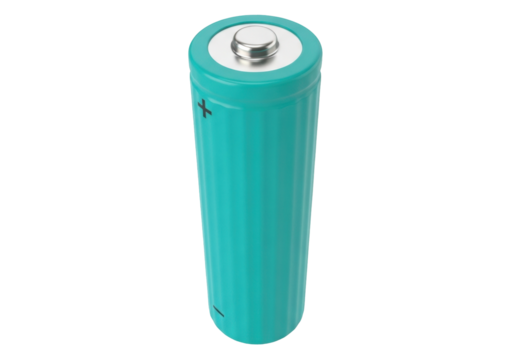 Isolated Teal Alkaline Battery, Metallic Top, Plus and Minus Symbols, Modern Device, Energy Source