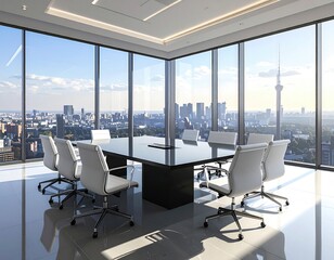 High-rise meeting room with skyline view