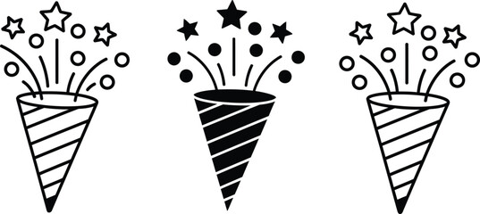 Hand drawn party poppers with stars and confetti for celebrations