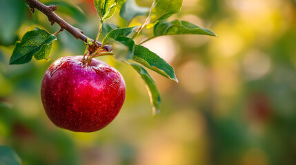 Obraz premium A close up of a shiny red apple hanging from a branch with green leaves in soft lighting
