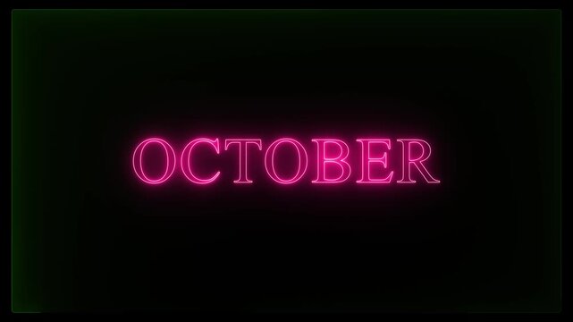 glowing text month October Word October neon glowing  Neon month name October text sign border frame display neon box movement screen shape  footage retro line..