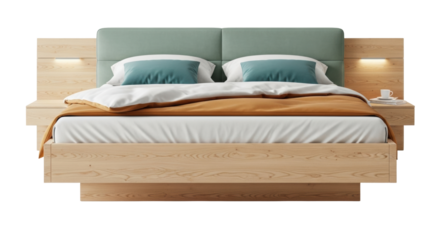 Isolated bed with wooden frame, headboard, nightstands, pillows, and bedding with no background