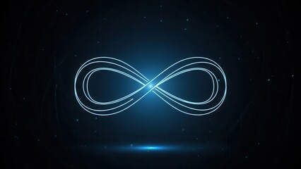 Glowing blue infinity symbol on a dark digital background with particles