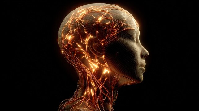 A digital representation of a human head with glowing neural connections, symbolizing intelligence and technology.