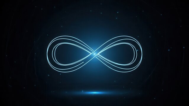Glowing blue infinity symbol on a dark digital background with particles