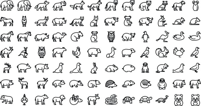 Collection of animal silhouettes in a grid pattern on a white background