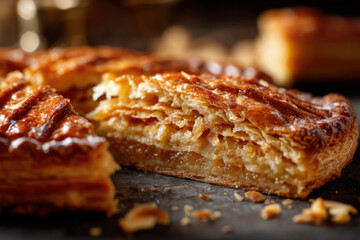 Galette des rois cut open showing almond frangipane filling on wooden table