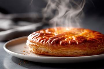 Freshly made galette des rois, hot just out of the oven, steaming