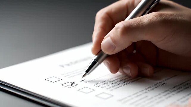 Hand Filling Out Form with Checkboxes on White Paper Using Silver Pen on Dark Gray Surface Close Up View Office Paperwork Concept