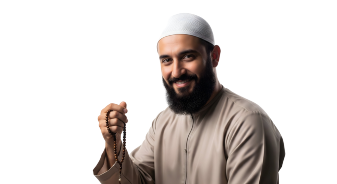A smiling man, wearing traditional attire, holds prayer beads and looks directly at the viewer, isolated on transparent background
