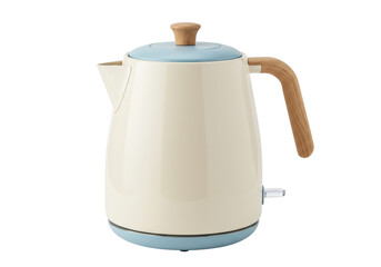 Isolated vintage-style cordless electric kettle appliance with wooden handle and lid knob