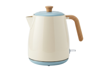 Isolated vintage-style cordless electric kettle appliance with wooden handle and lid knob