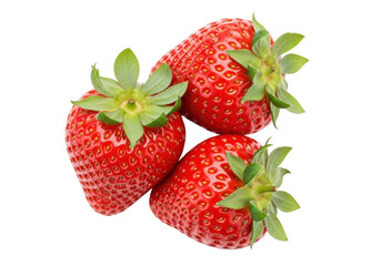 Isolated close-up of three fresh strawberries with green calyxes for use as design elements