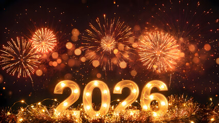 Welcome 2026 Illuminated Sign with Festive Fireworks and Bokeh Background