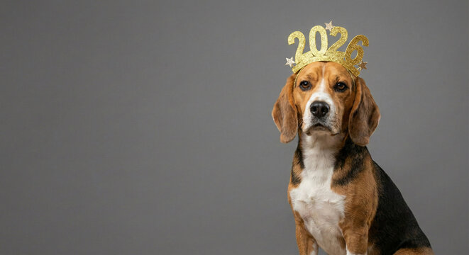 Cute beagle dog in a golden 2023 crown on grey background - Powered by Adobe