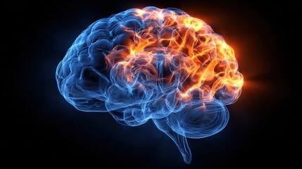 A vibrant, digital illustration of a brain showcasing blue and orange neural activity against a dark background, symbolizing thought and cognition.