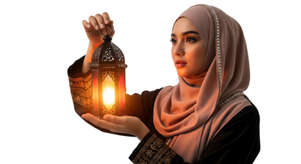 A woman in hijab holding a glowing lantern. She seems to be gazing at the soft light. The lantern emits a warm, inviting light. The picture is well-lit and vibrant, isolated on transparent background