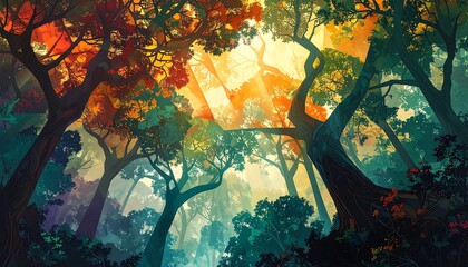 Autumn canopy view through vibrant forest, leaves in shades of orange, green, and blue with rays of sunlight