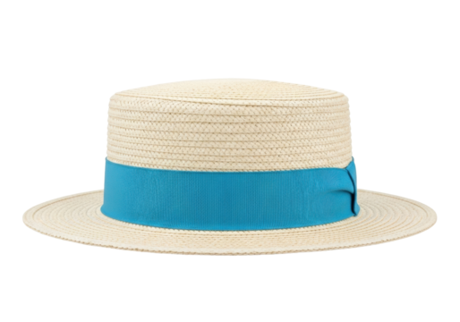 Isolated boater hat with ribbon trim, summer headwear for sun protection, fashionable accessory