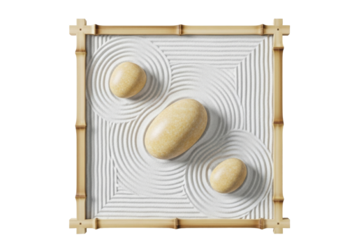 Isolated zen garden on seamless setting, minimalist composition with stones & sand patterns