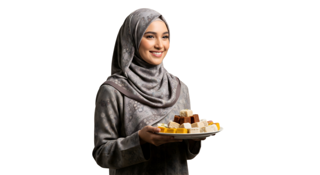 A smiling woman holds a plate of treats, dressed in a traditional head covering and clothing. She emanates warmth and kindness, isolated on transparent background