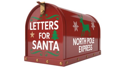 Vintage red north pole express mailbox for letters to santa claus with festive christmas decorations isolated on transparent background